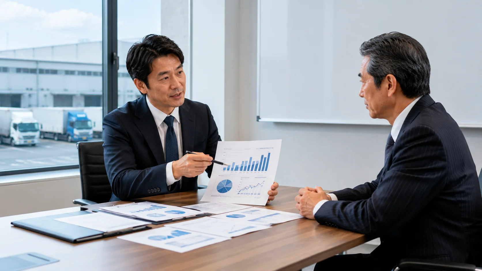 物流業界のM&A活発化の背景について専門家から説明を受けている経営者