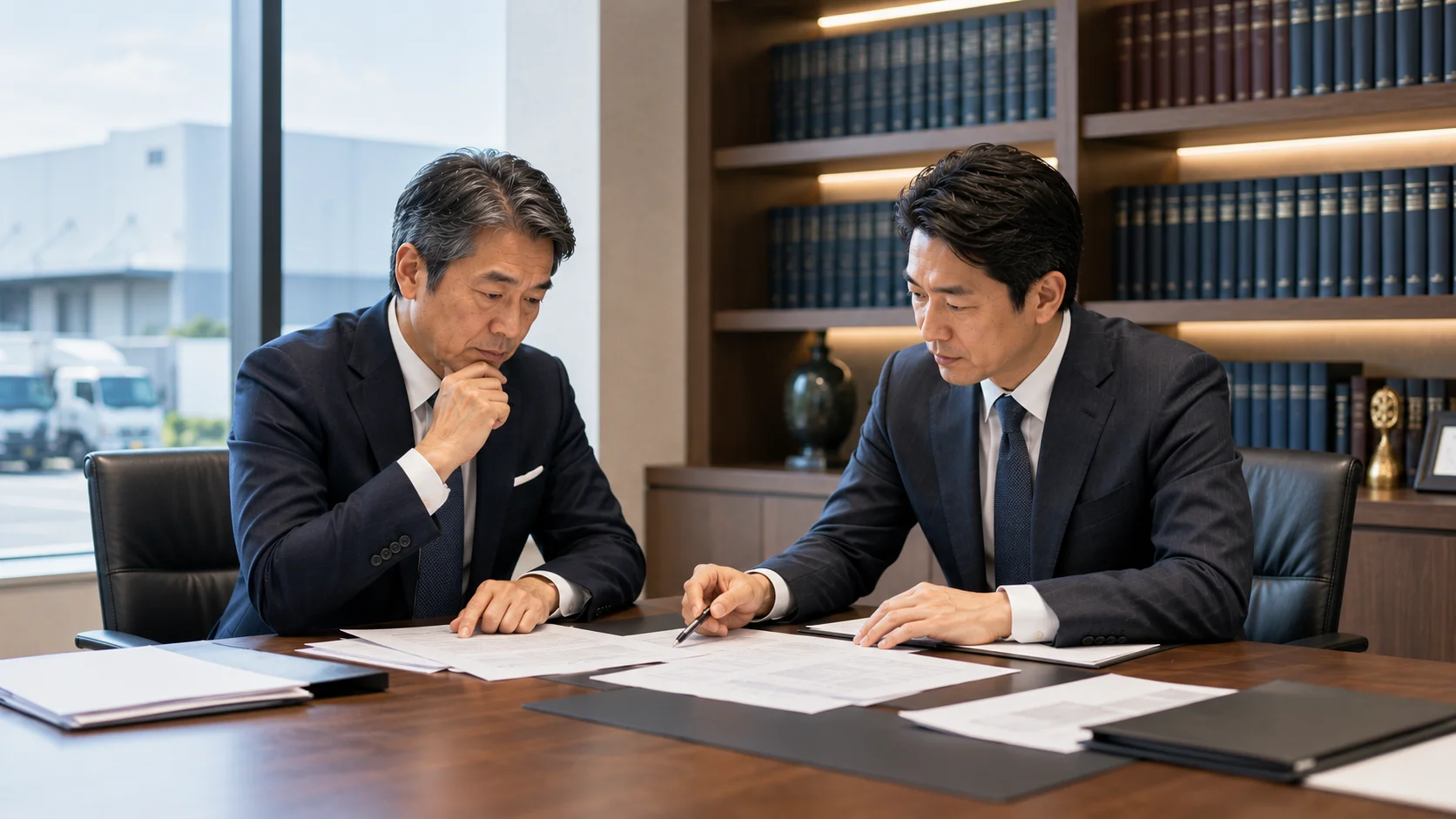 M&Aの契約書類を専門家と慎重に確認している物流会社経営者