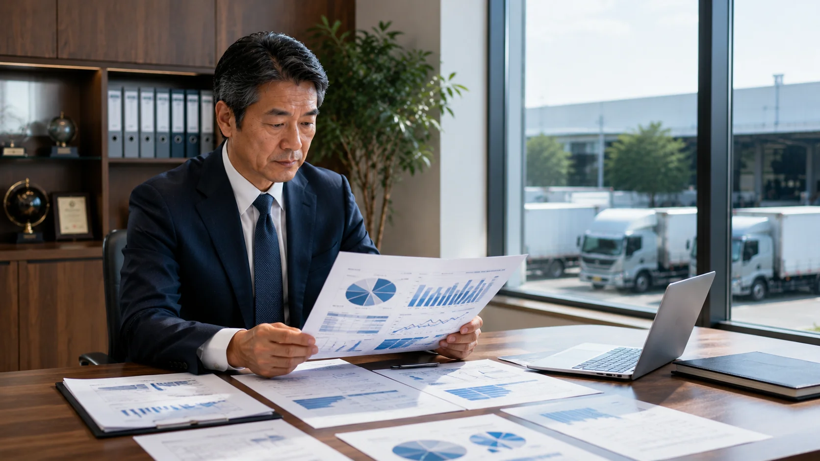 企業価値評価の資料を検討している物流会社経営者とアドバイザー