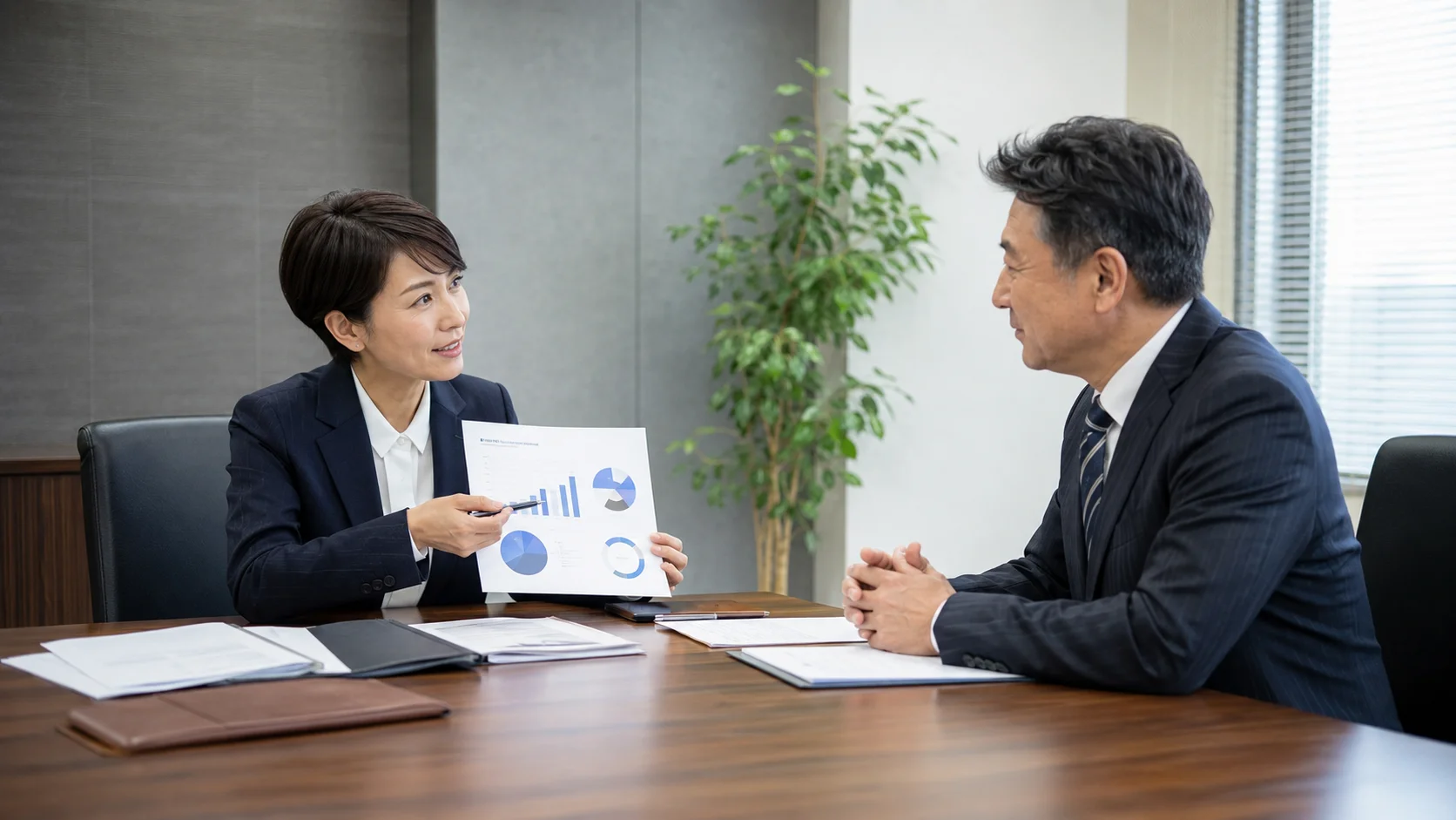 M&A手数料の説明を受けながら資料を確認している物流会社経営者