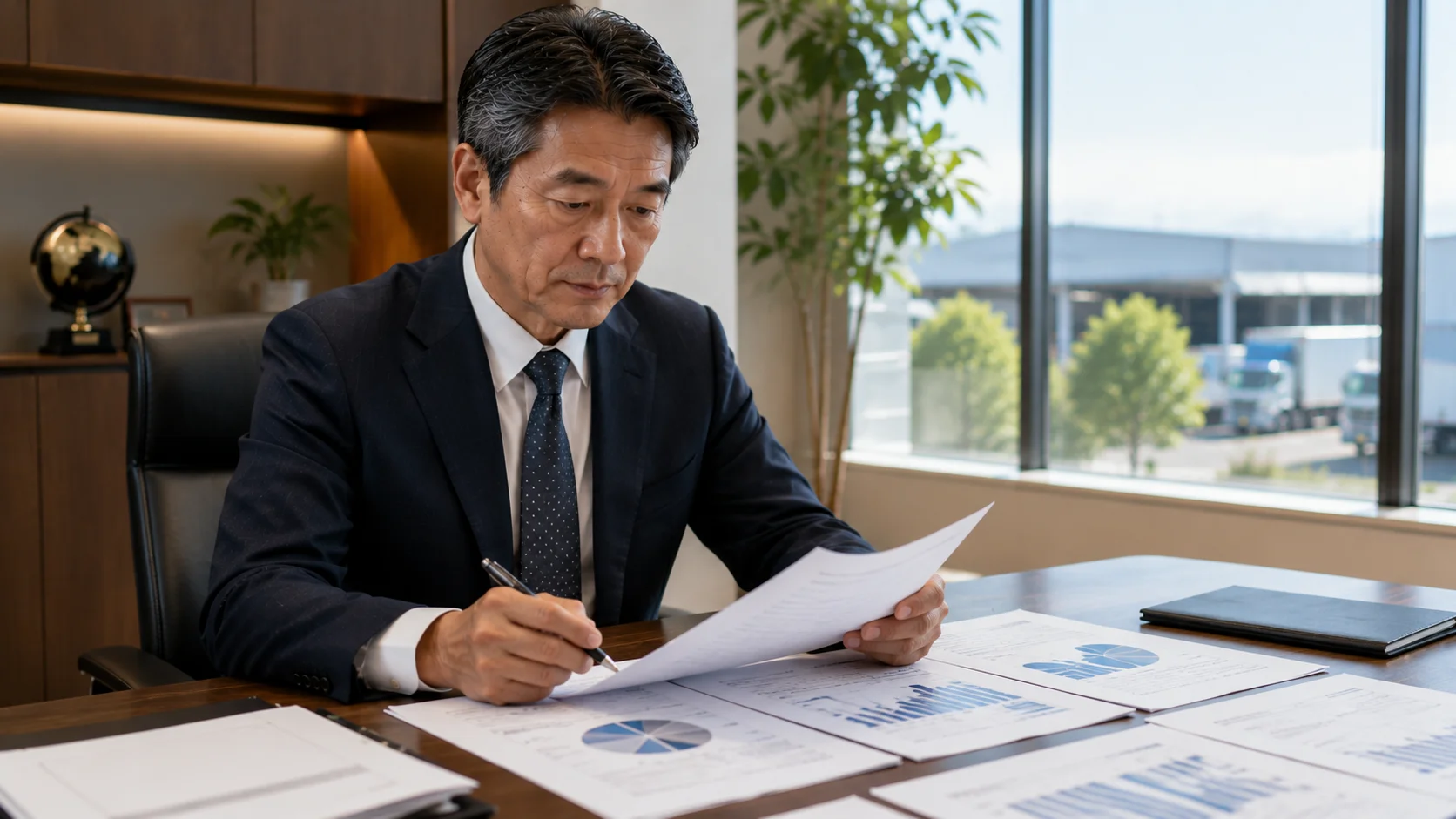 M&Aの注意点を確認しながら書類を見直している物流会社経営者