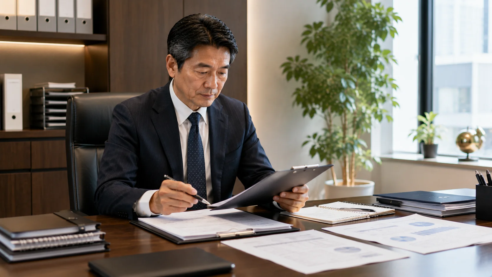 M&A売却前の実務確認リストをチェックしている物流会社経営者