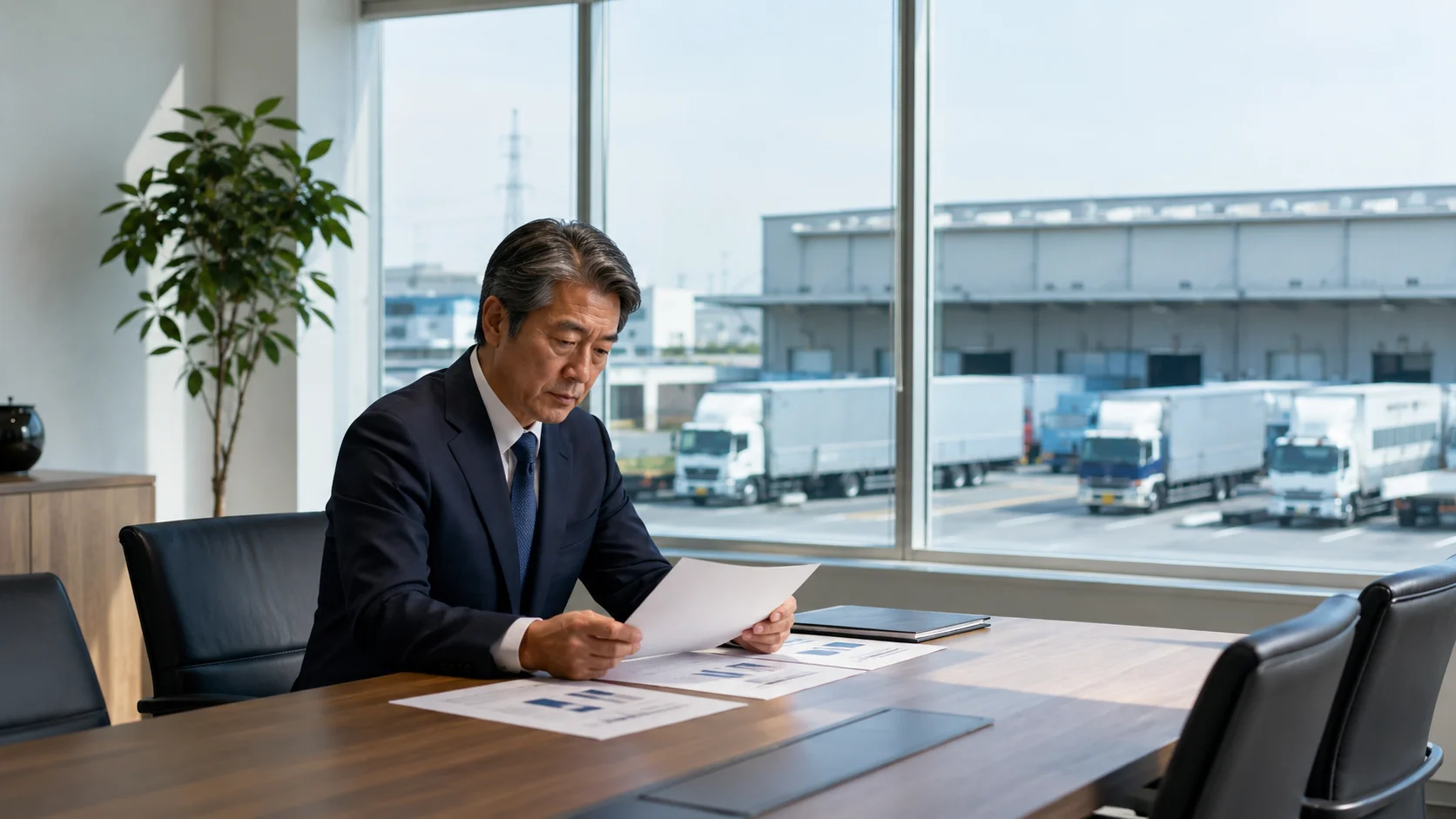 物流会社のM&Aを検討する経営者が資料を確認しているオフィスシーン