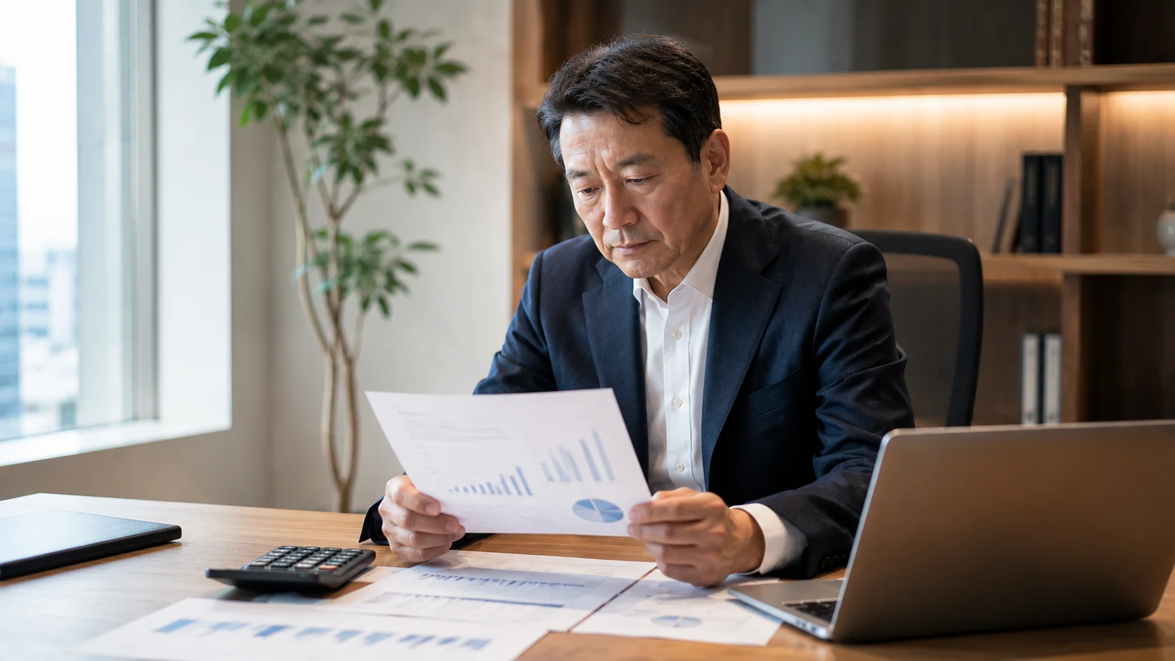財務データと評価資料を前に企業価値を検討する経営者と専門家
