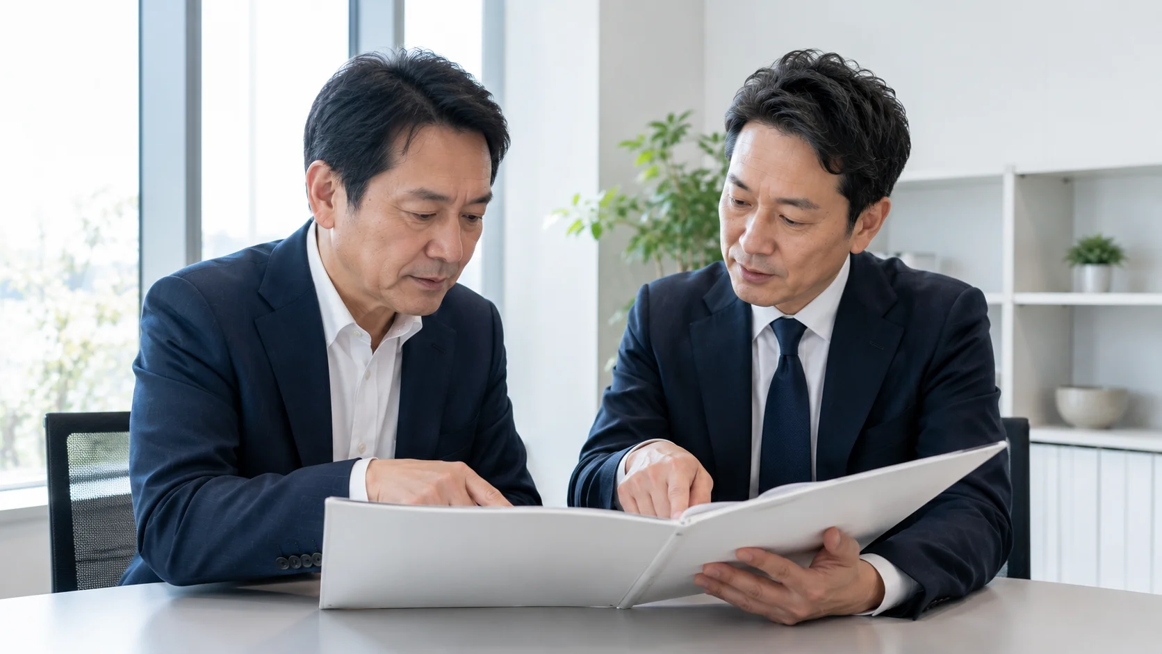 重要な契約書類を慎重に確認する経営者と弁護士のビジネスシーン