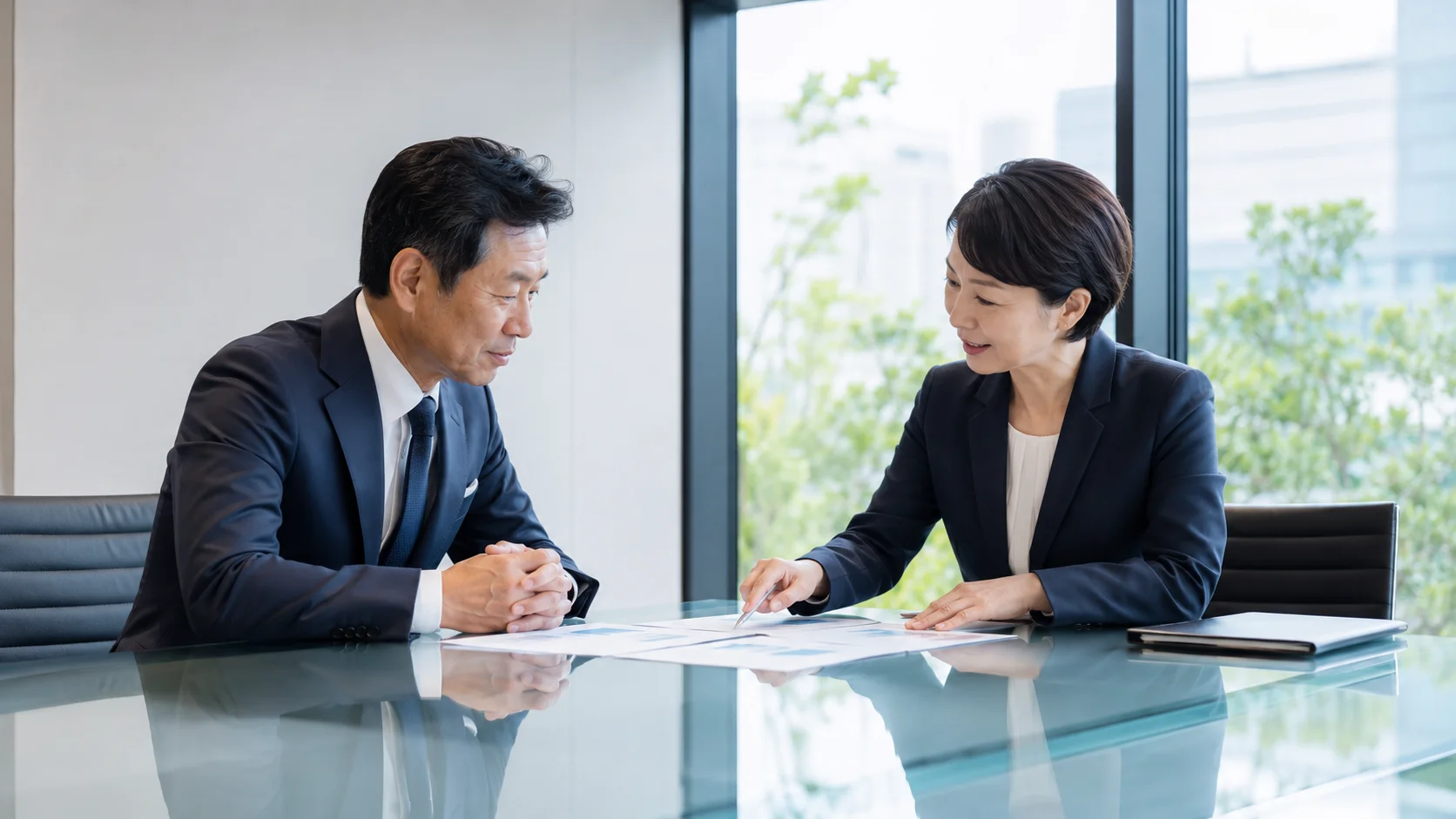 専門家から重要なチェックポイントの説明を受ける経営者の相談シーン