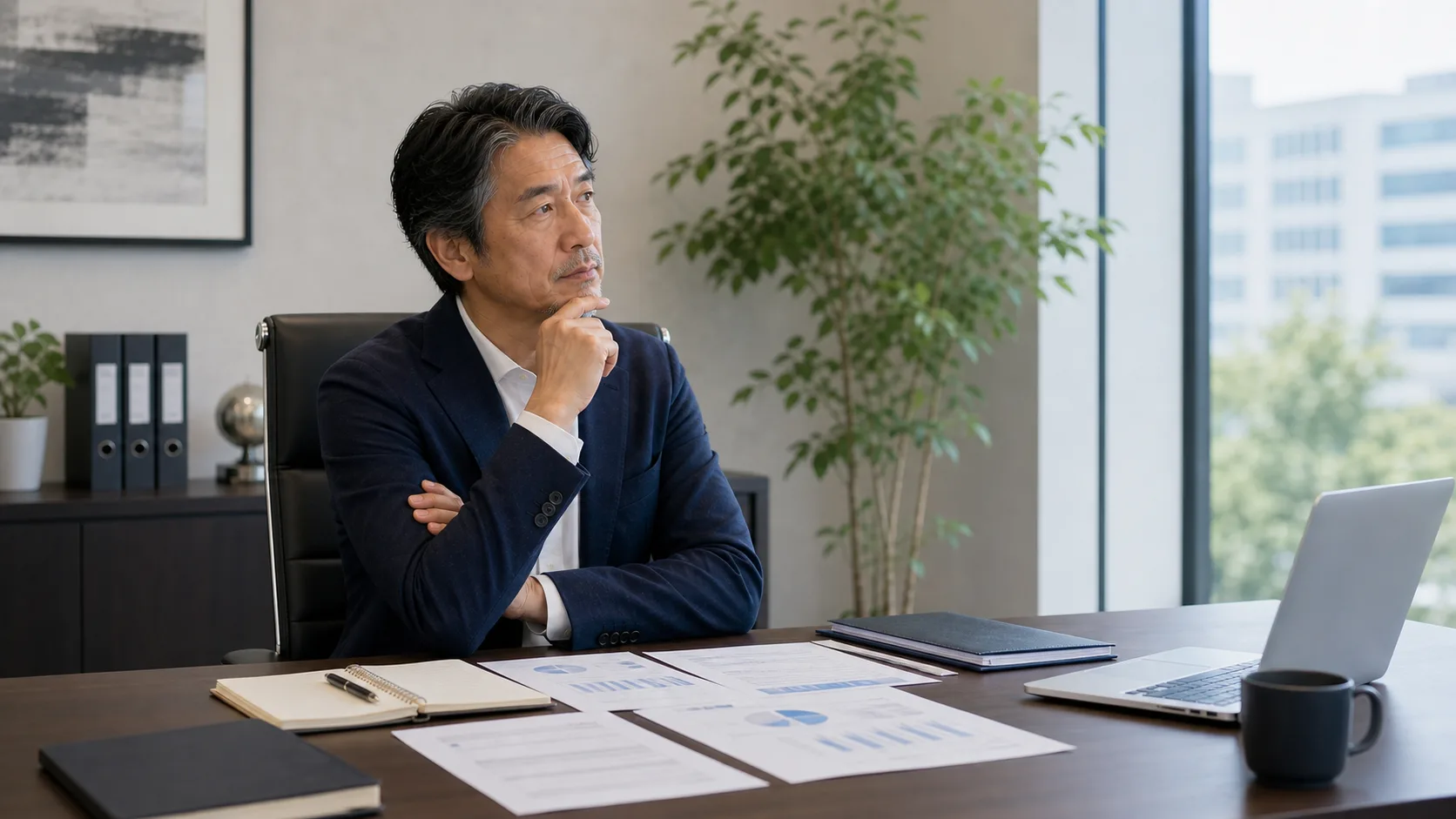 M&A仲介会社との契約解除を検討する経営者が状況を整理している様子
