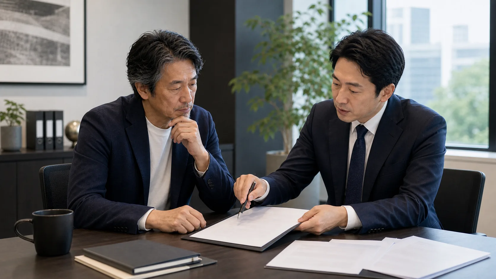 M&A仲介契約解除後のテール条項を慎重に確認している経営者と専門家