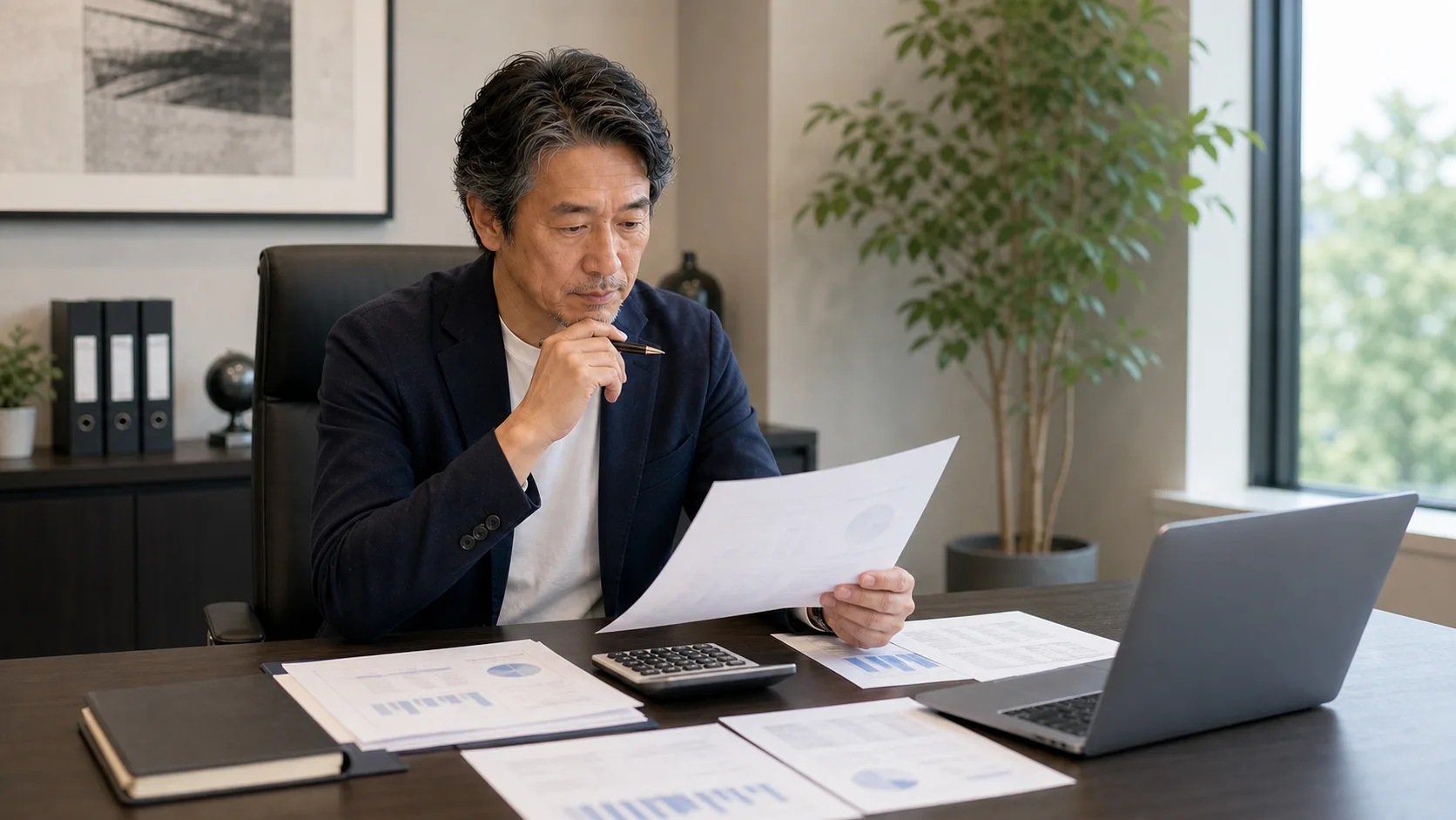 レーマン方式による成功報酬の計算を確認する経営者シーン