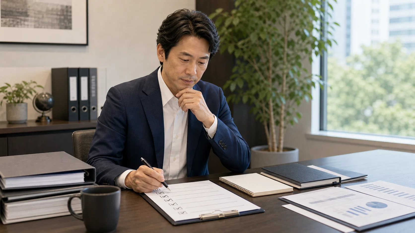 M&A着手前の費用・手数料チェックリストを確認する経営者シーン