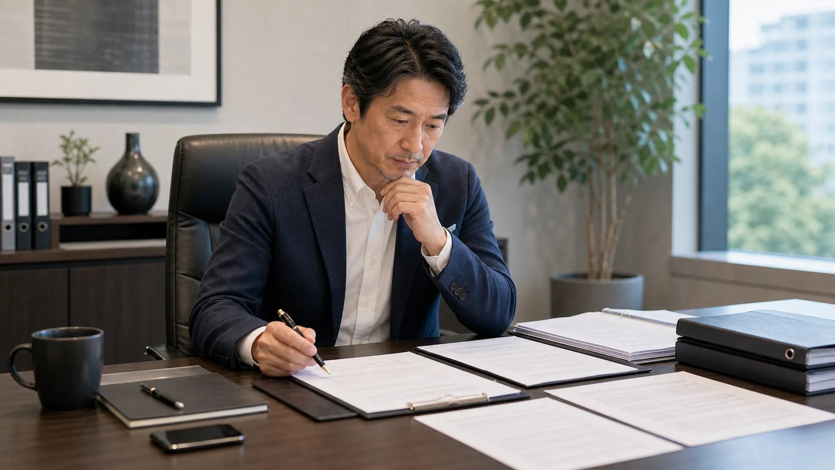 M&A仲介会社を変更する前に契約書を確認する経営者のイメージ