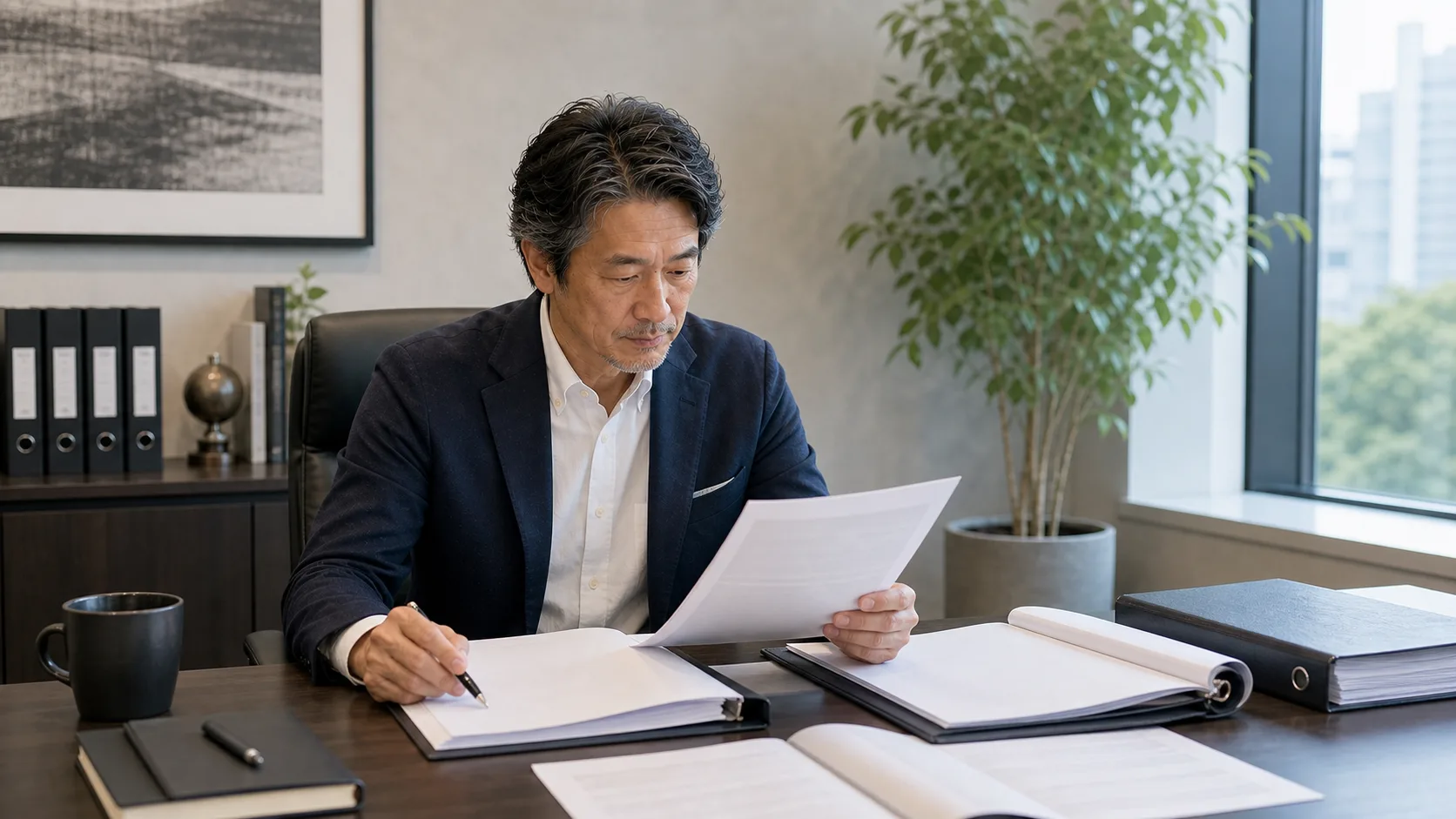 中小M&Aガイドラインを確認し仲介契約変更の判断をする経営者のイメージ