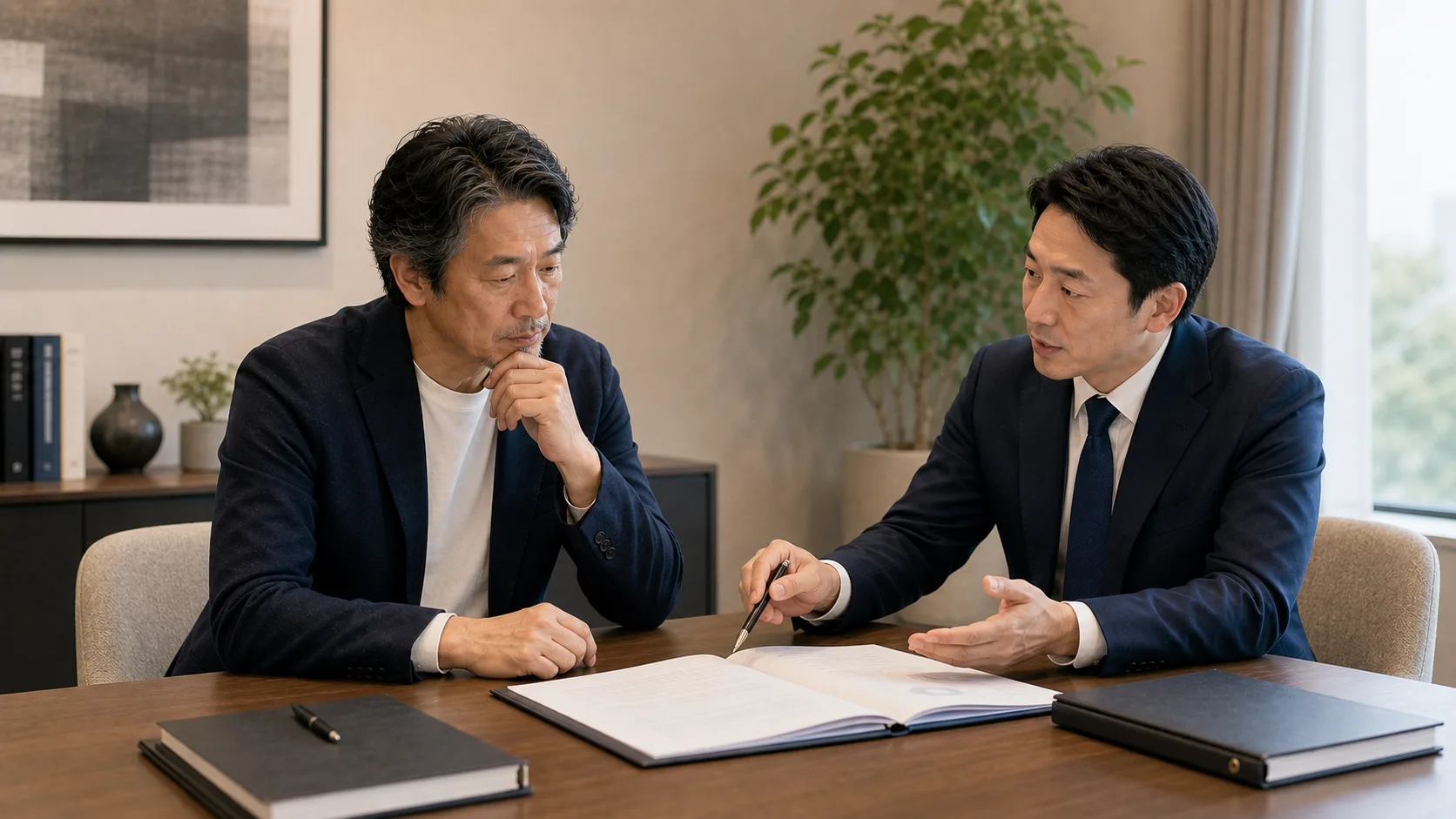 M&A仲介変更前に中立的な専門家からセカンドオピニオンを得る経営者のイメージ
