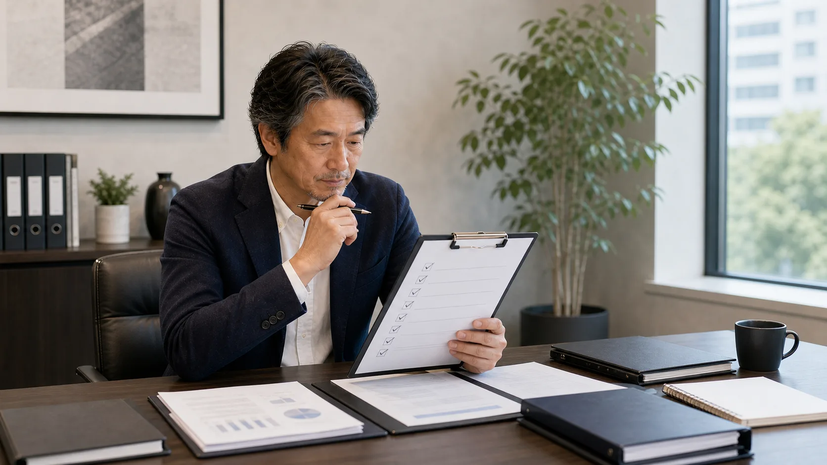 M&A仲介会社変更前のチェックリストを確認する経営者のイメージ