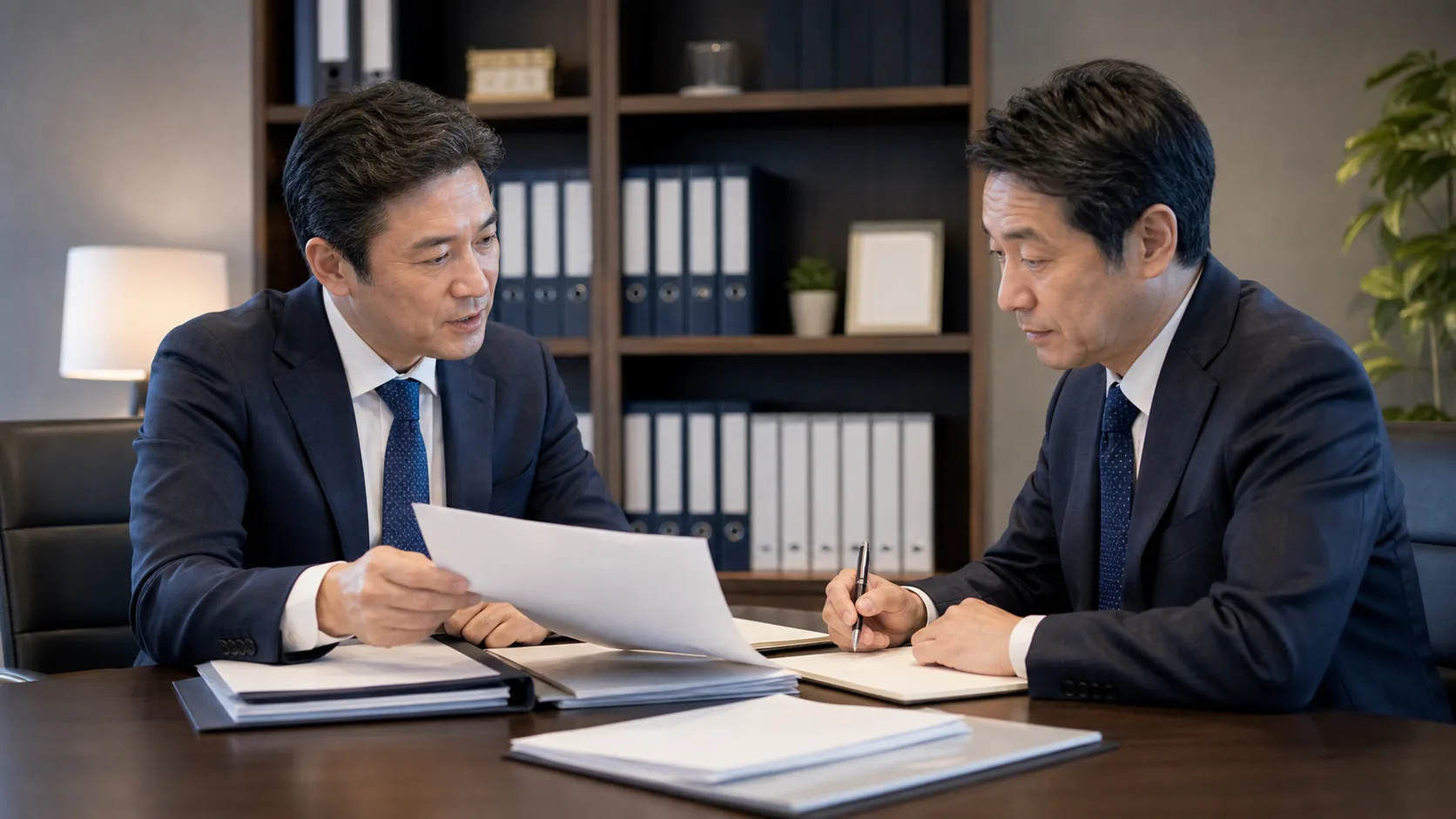 廃業とM&Aにかかる税金を税理士と比較検討する経営者のイメージ