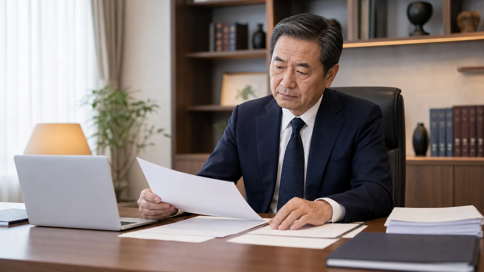 会社売却後の給与・賞与・福利厚生の扱いについて資料を確認する経営者