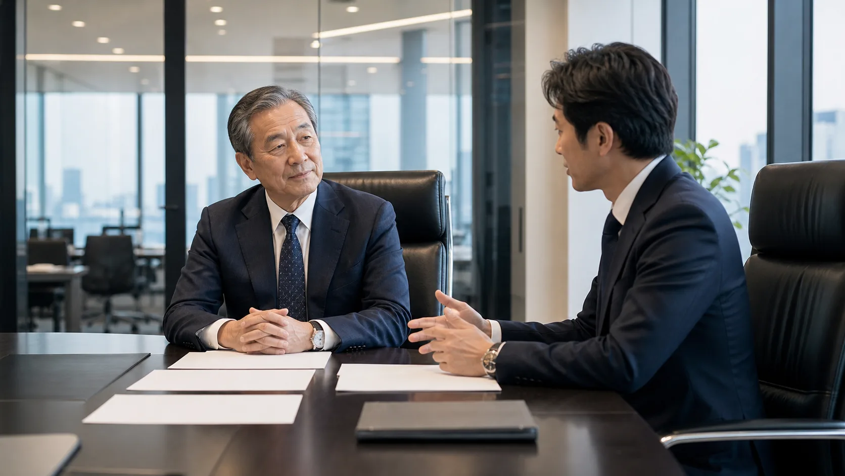 会社売却後の社長(経営者)のその後の選択肢を表すビジネスシーン