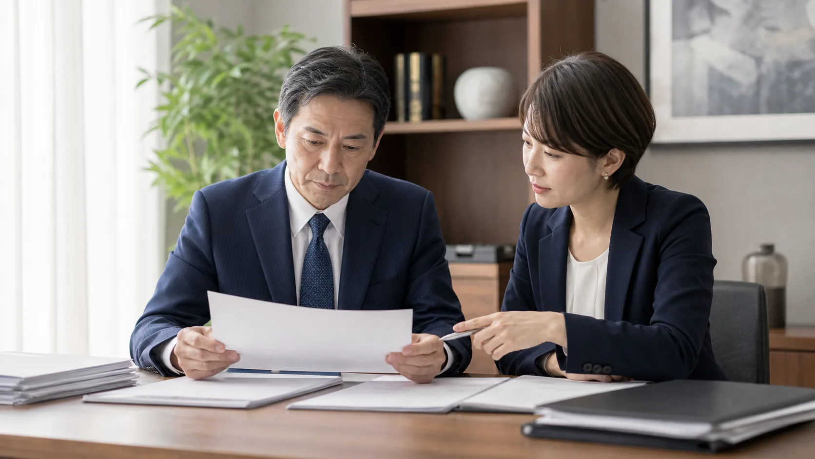 会社売却のデメリットや注意点を慎重に確認する経営者のシーン