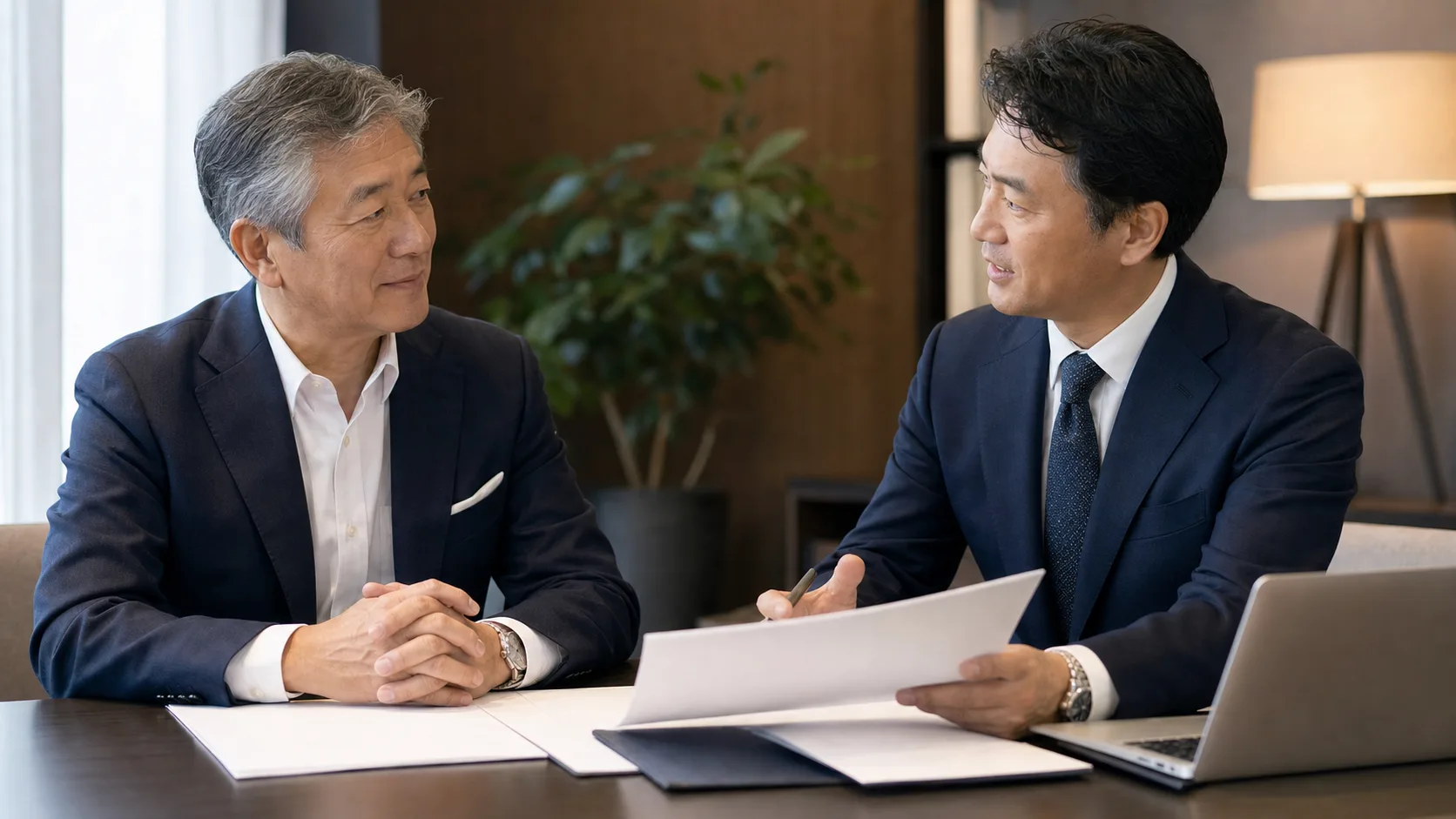 会社売却益の資産運用について専門家とともに計画を立てる経営者のシーン