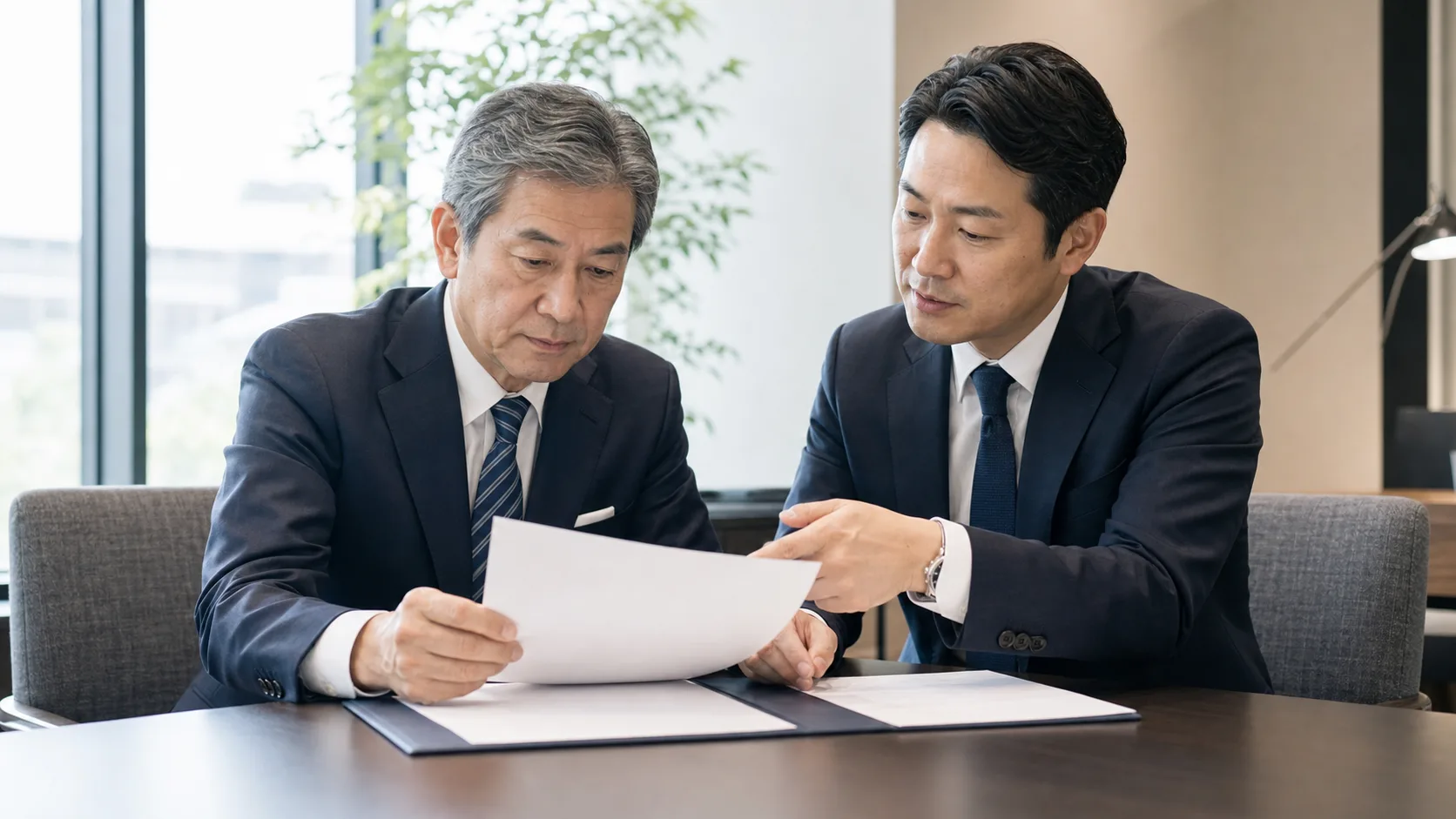 M&A着手金を支払う前に契約書を慎重に確認する経営者のシーン