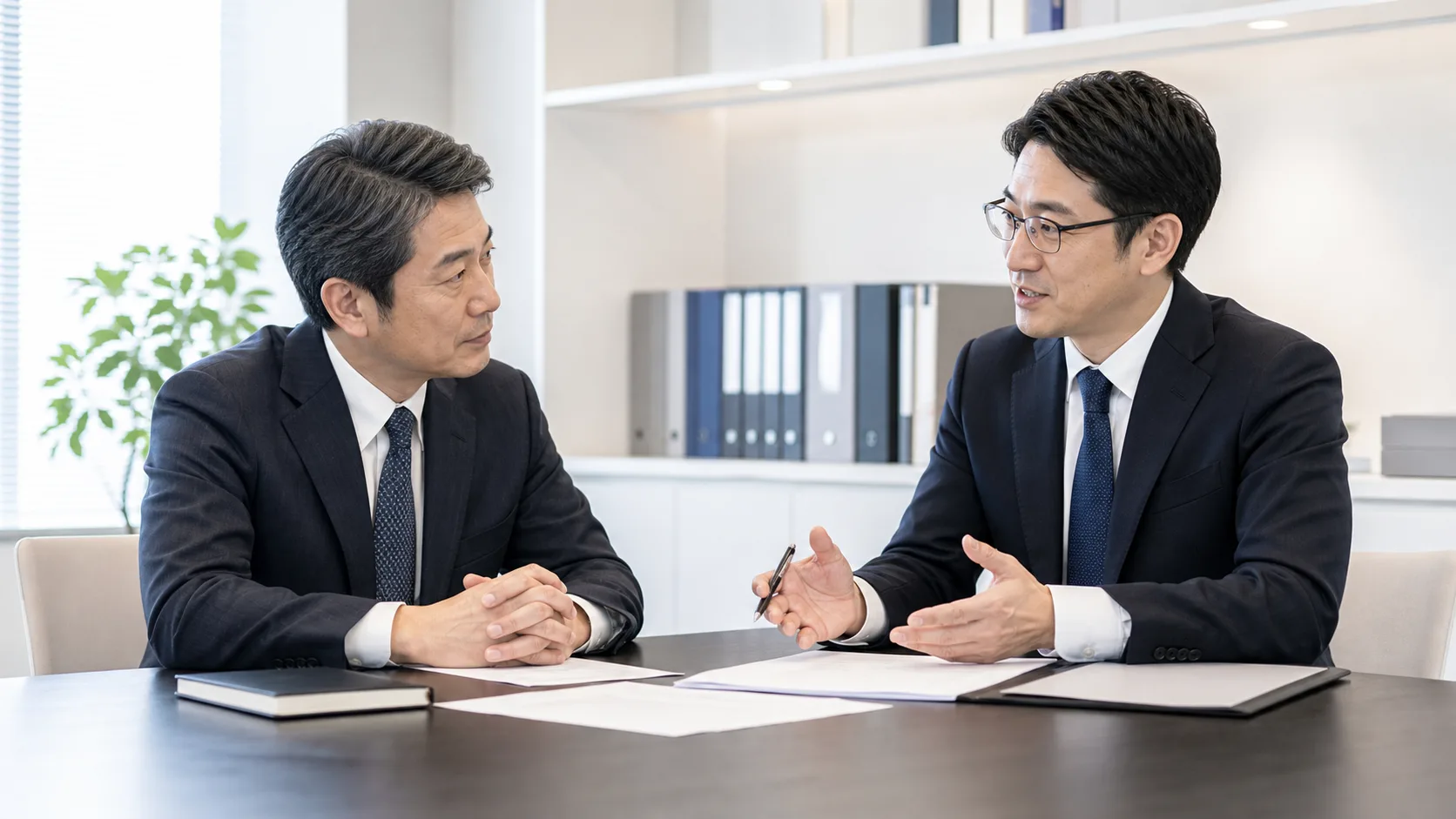 M&A着手金の会計処理と損金算入について税理士に相談するシーン