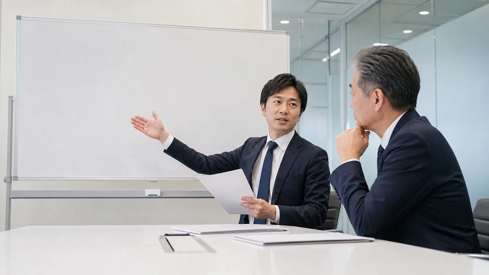 M&A仲介会社の役割を専門家が経営者に説明しているシーン