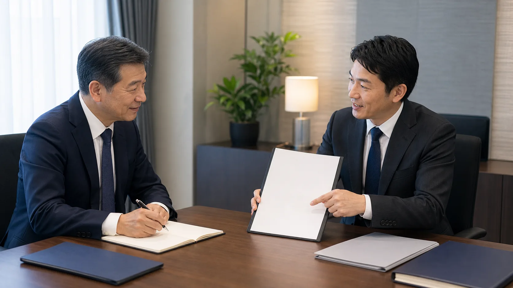 売り手経営者がM&A仲介会社を選ぶためのポイントを確認するシーン