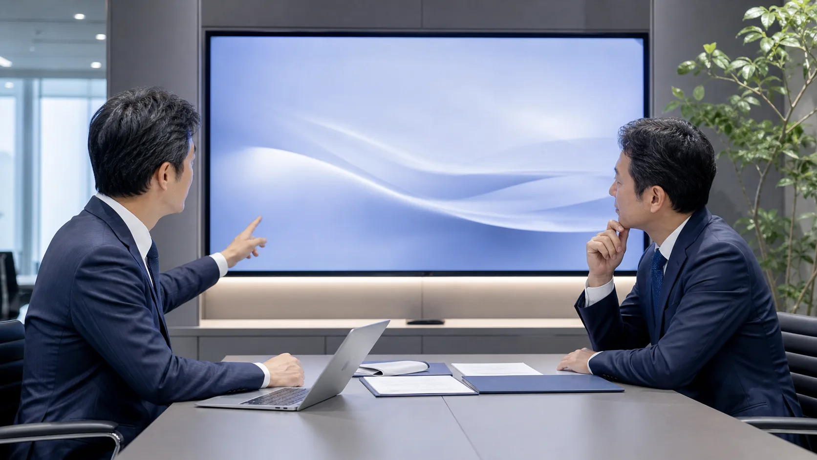 増加するM&A件数のトレンドを示すデータ画面を前に議論する日本人ビジネスパーソン