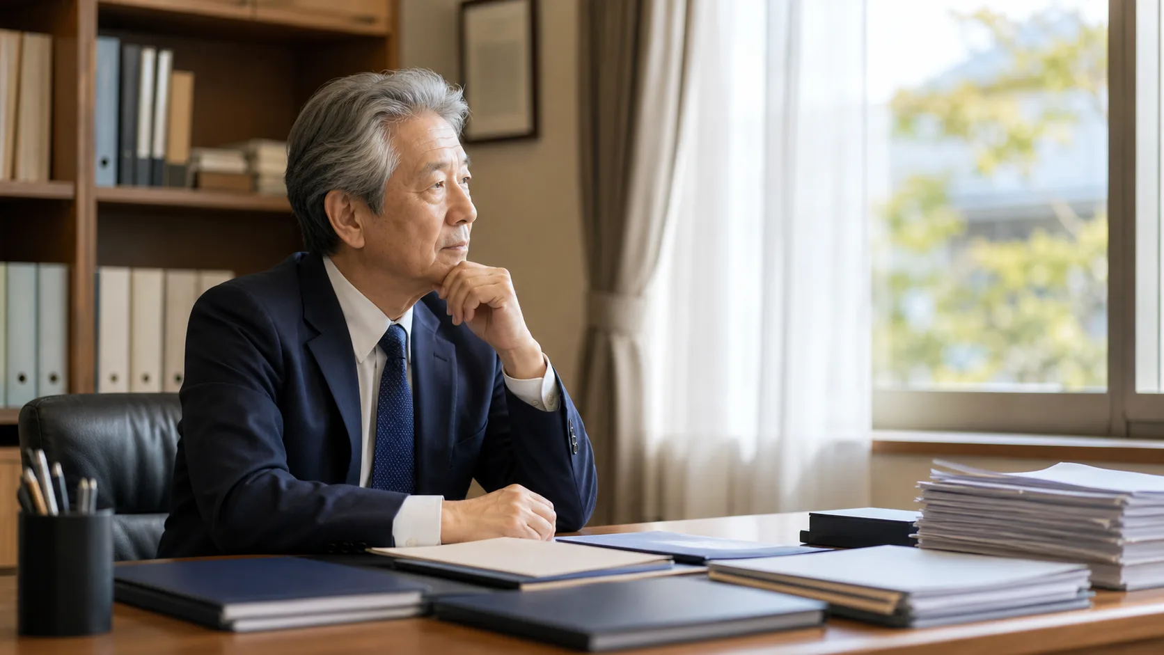 後継者問題を抱えた年配の税理士が事務所の将来について思案するシーン