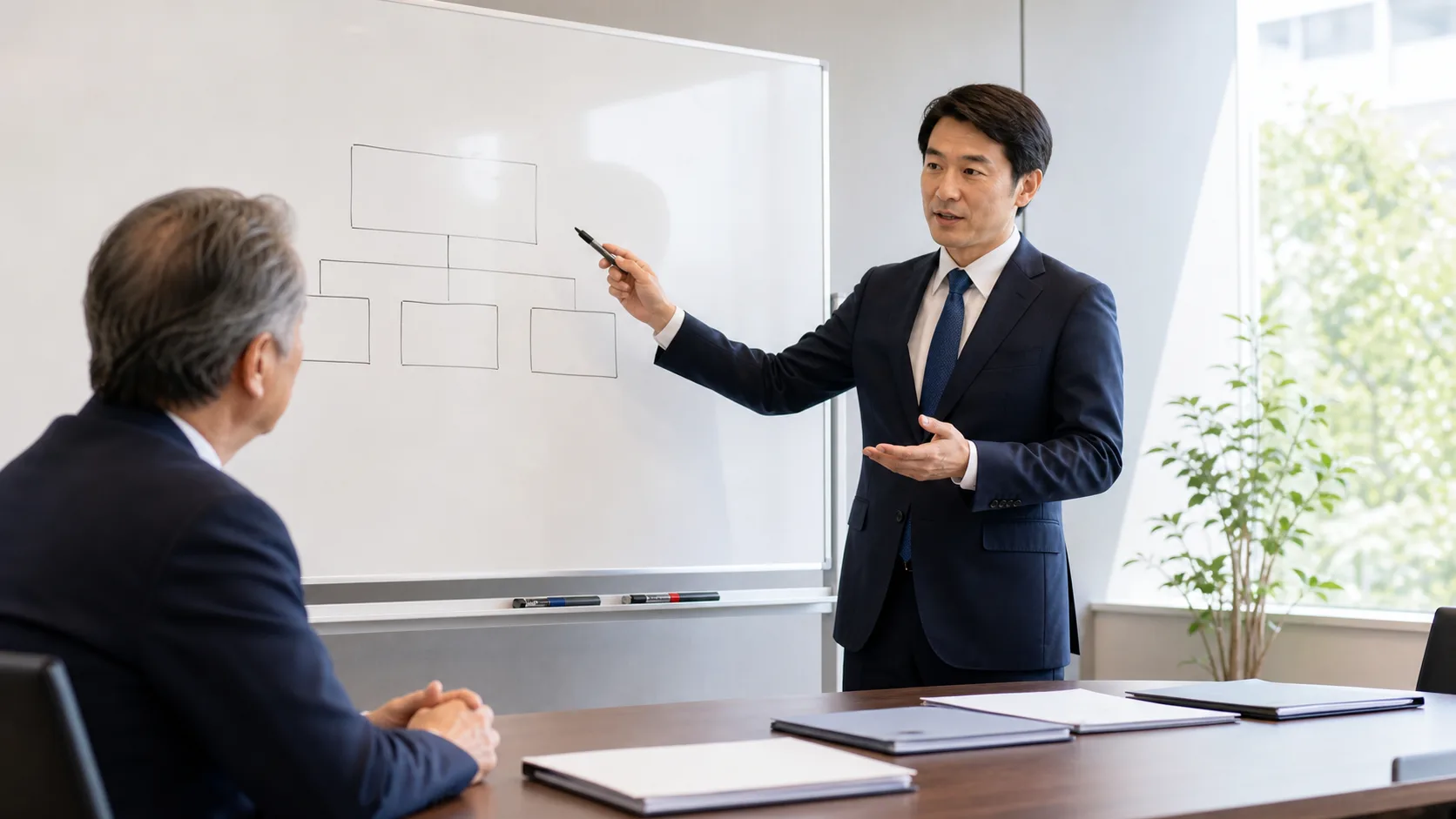 M&Aの手法と手続きフローを図示しながら専門家が経営者に説明するシーン