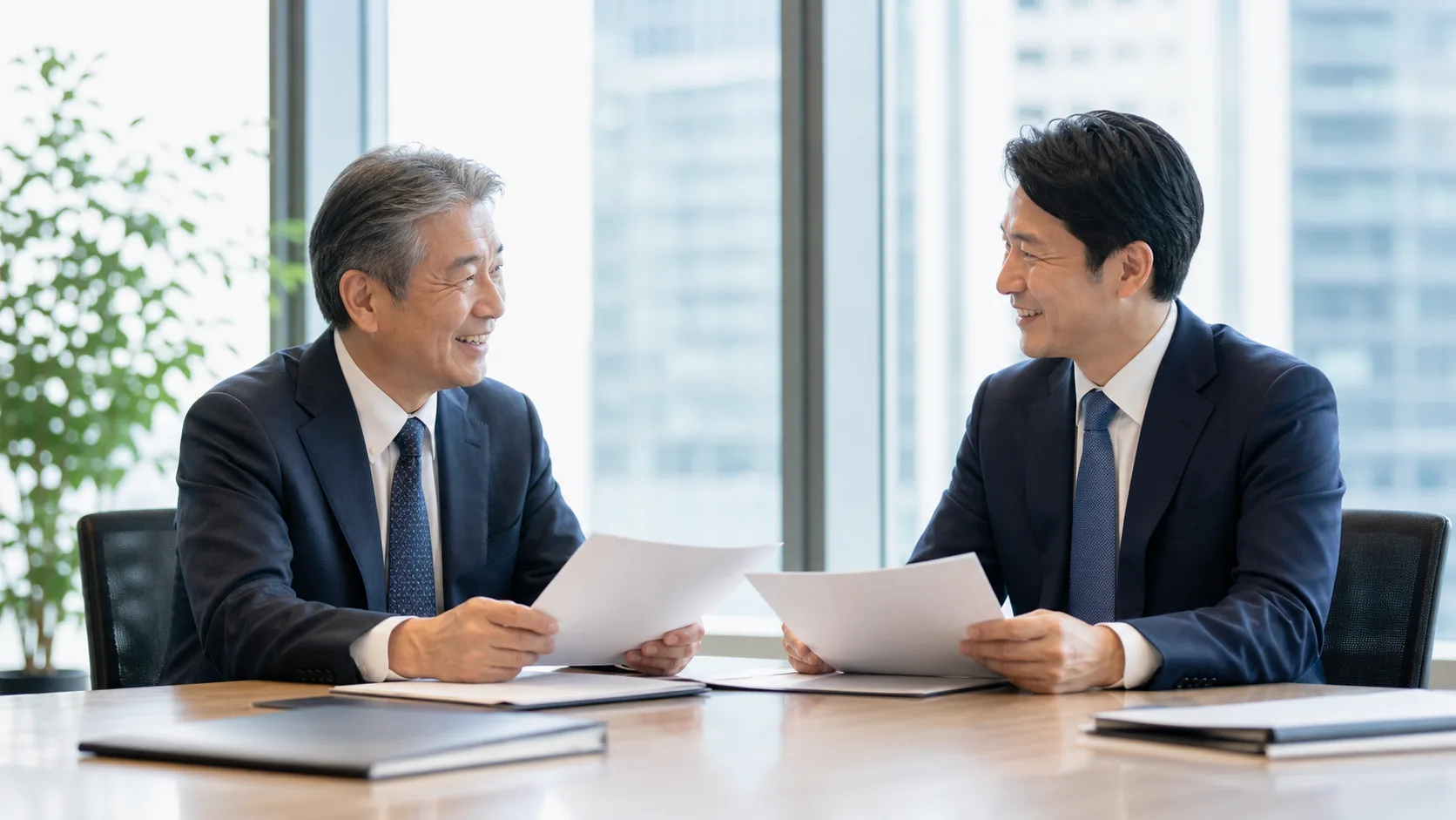 M&A合意後に前向きな表情で書類を確認する売り手と買い手の日本人経営者2名