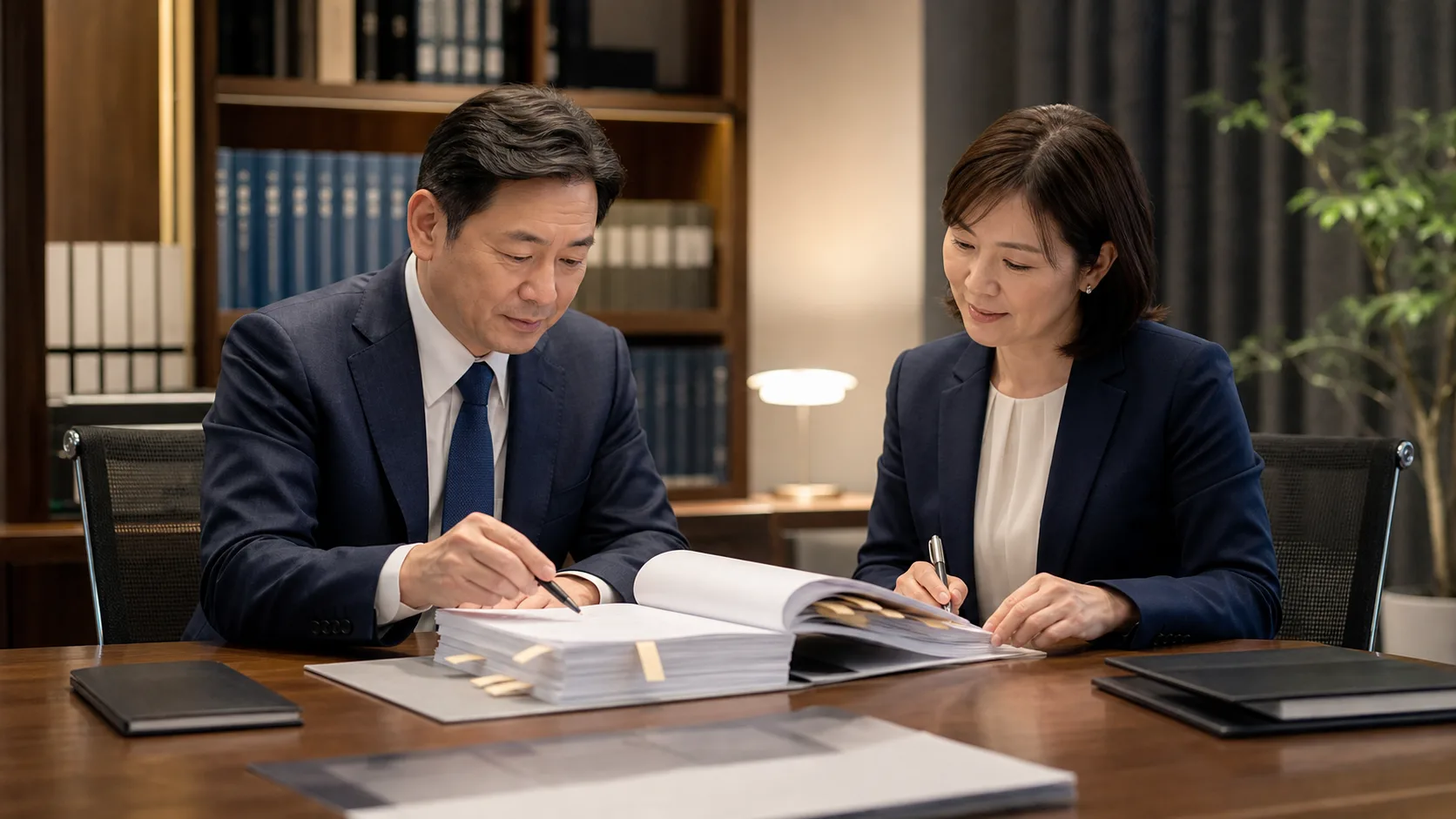 M&A契約書を慎重に精査する日本人経営者と専門家アドバイザー