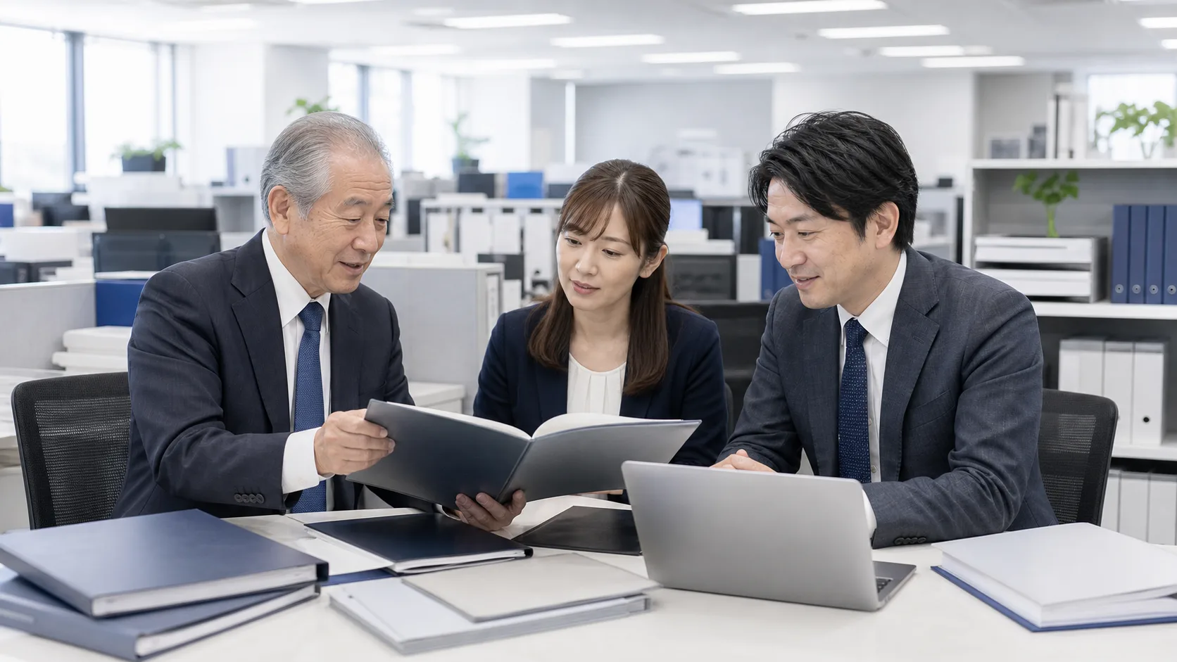 M&A後の統合で旧所長が新スタッフへ顧問先の引き継ぎを丁寧に行うシーン