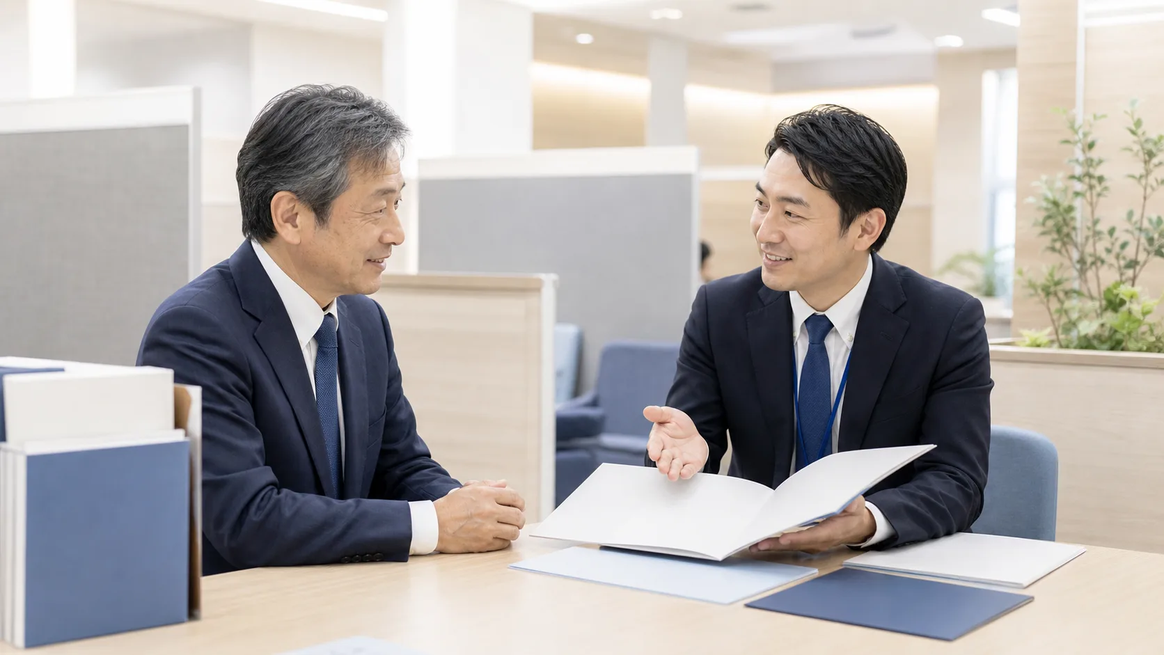 事業承継支援センターで公的支援制度について相談する中小企業経営者と相談員