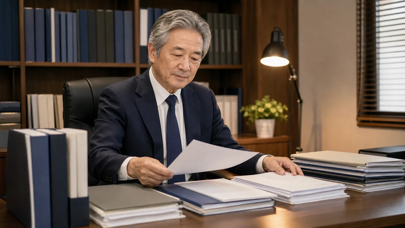 M&A準備のため書類一式を整理・確認する日本人税理士事務所の所長