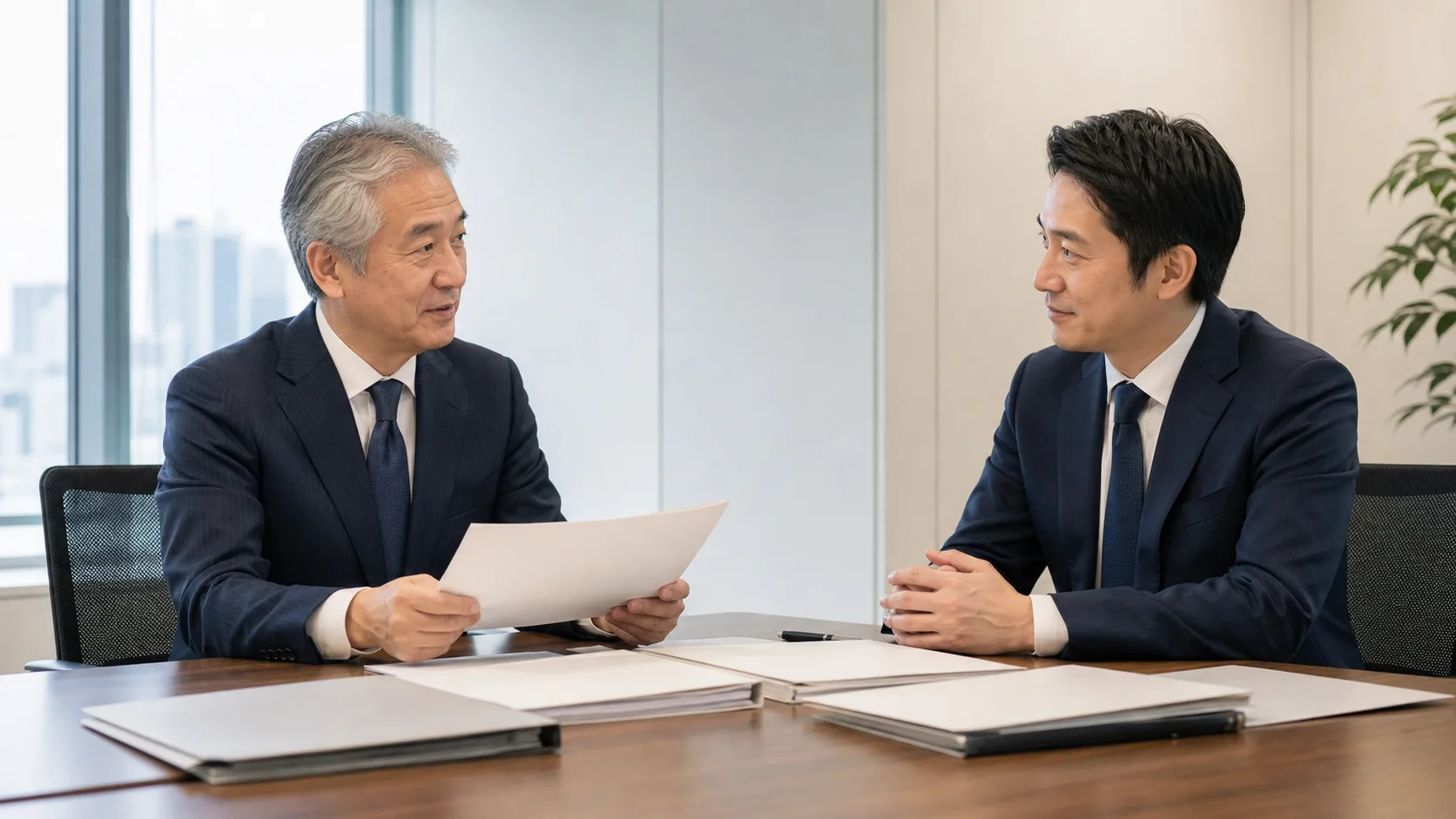 会計事務所のM&Aを検討する税理士と後継者候補が会議室で資料を確認しているシーン