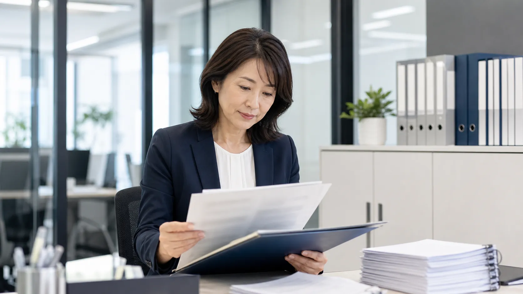 人材派遣事業の許可証や雇用契約書類を確認するオフィス担当者