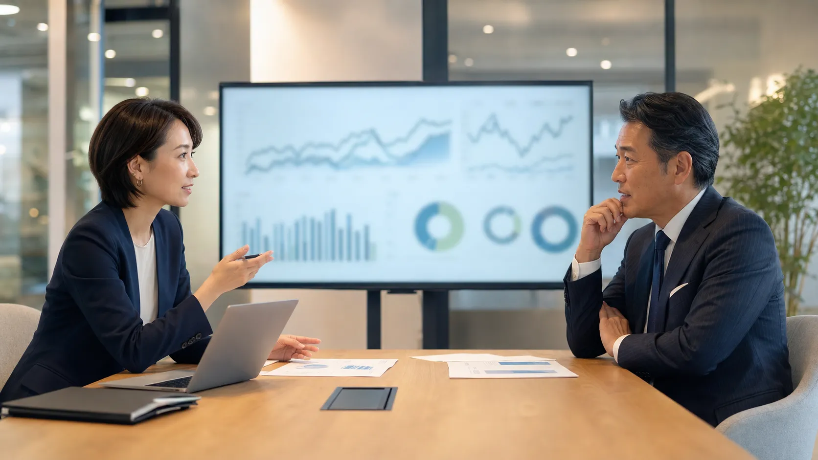人材派遣業界の市場動向データを分析する日本人ビジネスパーソン2名