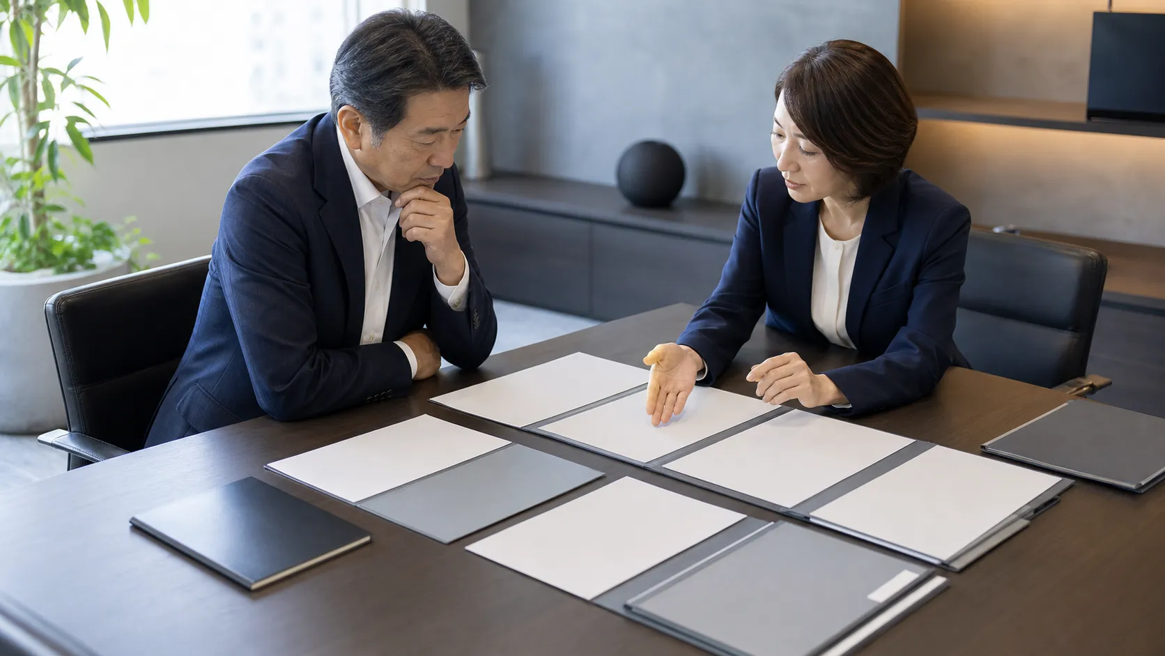 株式譲渡や事業譲渡など複数のM&A手法の資料を比較する経営者と専門家