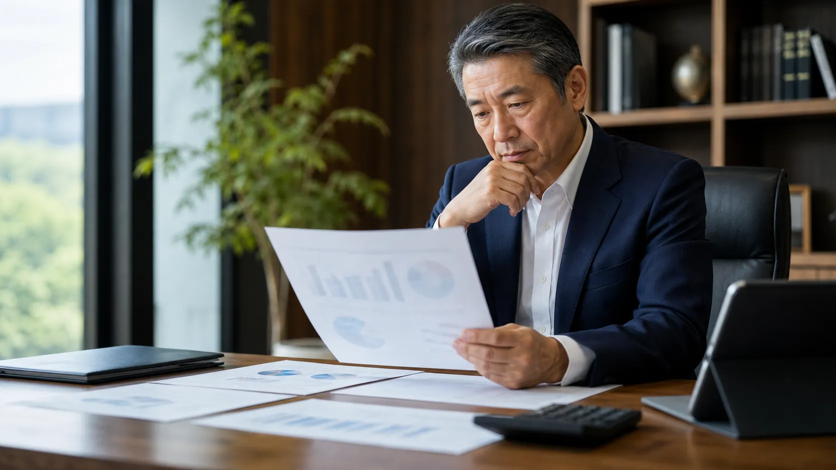 財務資料をもとに企業価値評価を検討する人材派遣会社の経営者