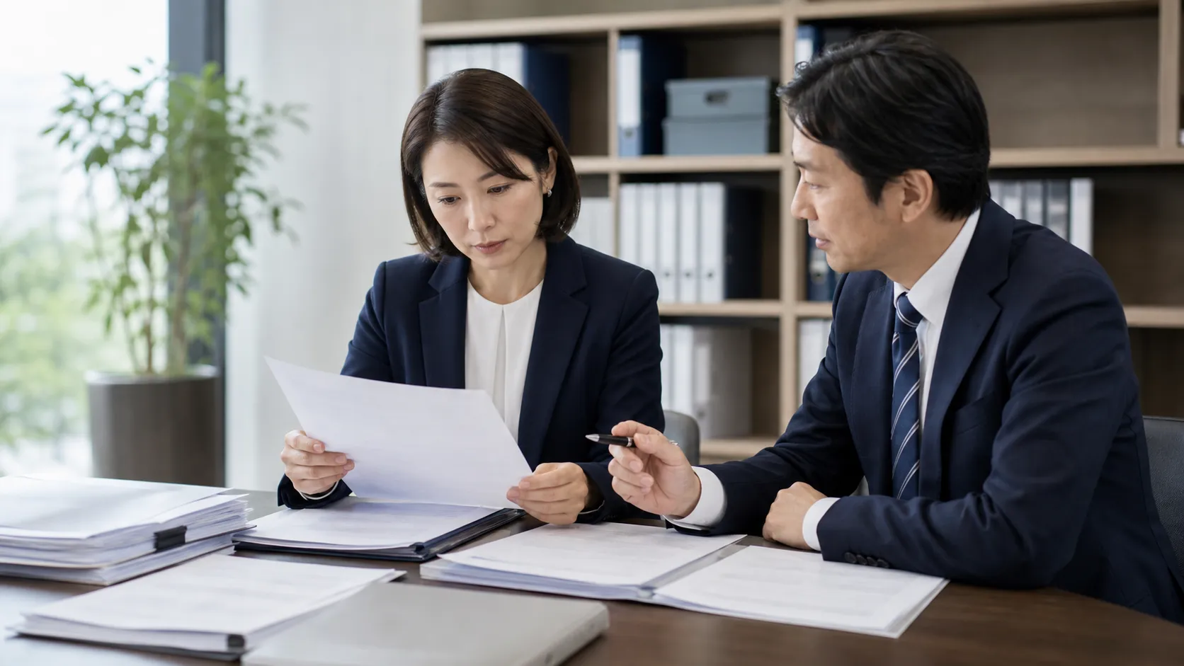 許認可や労務関連の書類を慎重に確認する人材派遣会社の担当者
