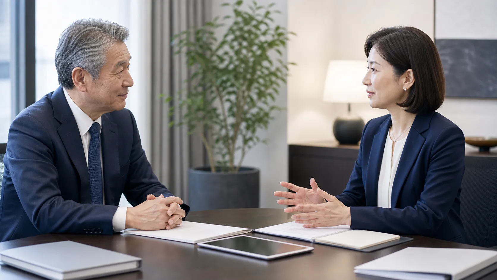 中立的な専門家に相談しながらM&A後の統合方針を話し合う経営者