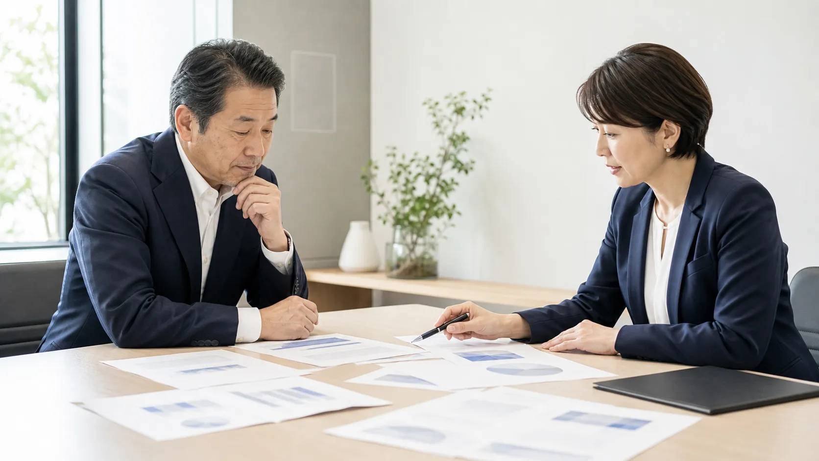 M&Aの手法を比較検討する経営者と専門家