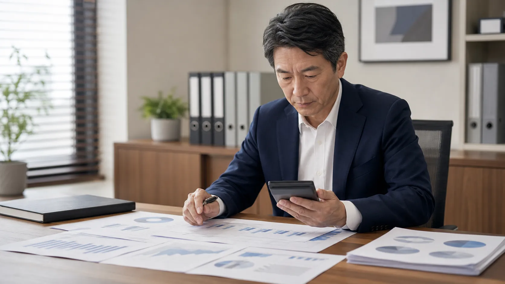学習塾の企業価値評価資料を検討する経営者