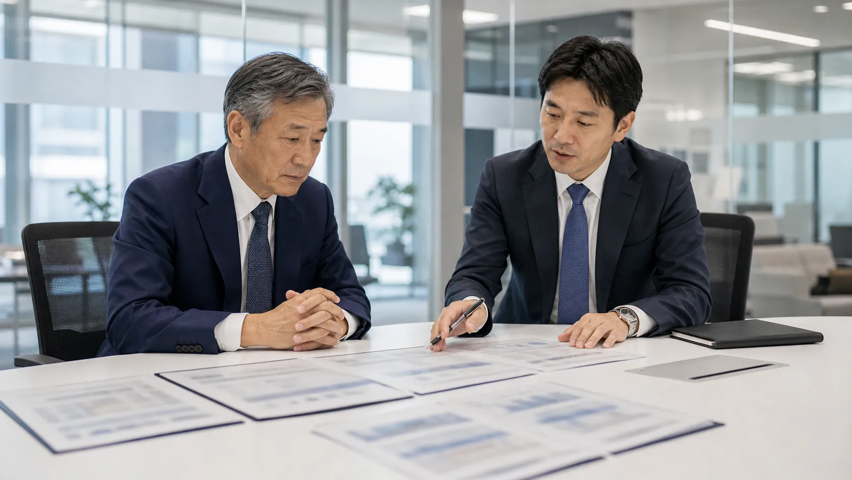 M&Aの手法を比較検討している日本人経営者と専門家のシーン