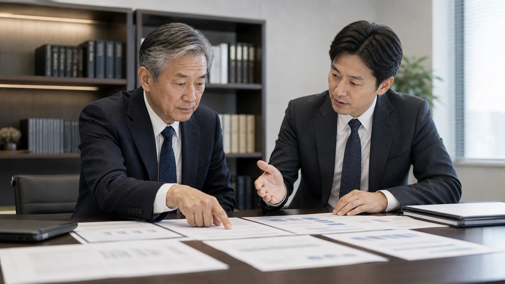 M&Aの注意点を慎重に確認している経営者と専門家のシーン
