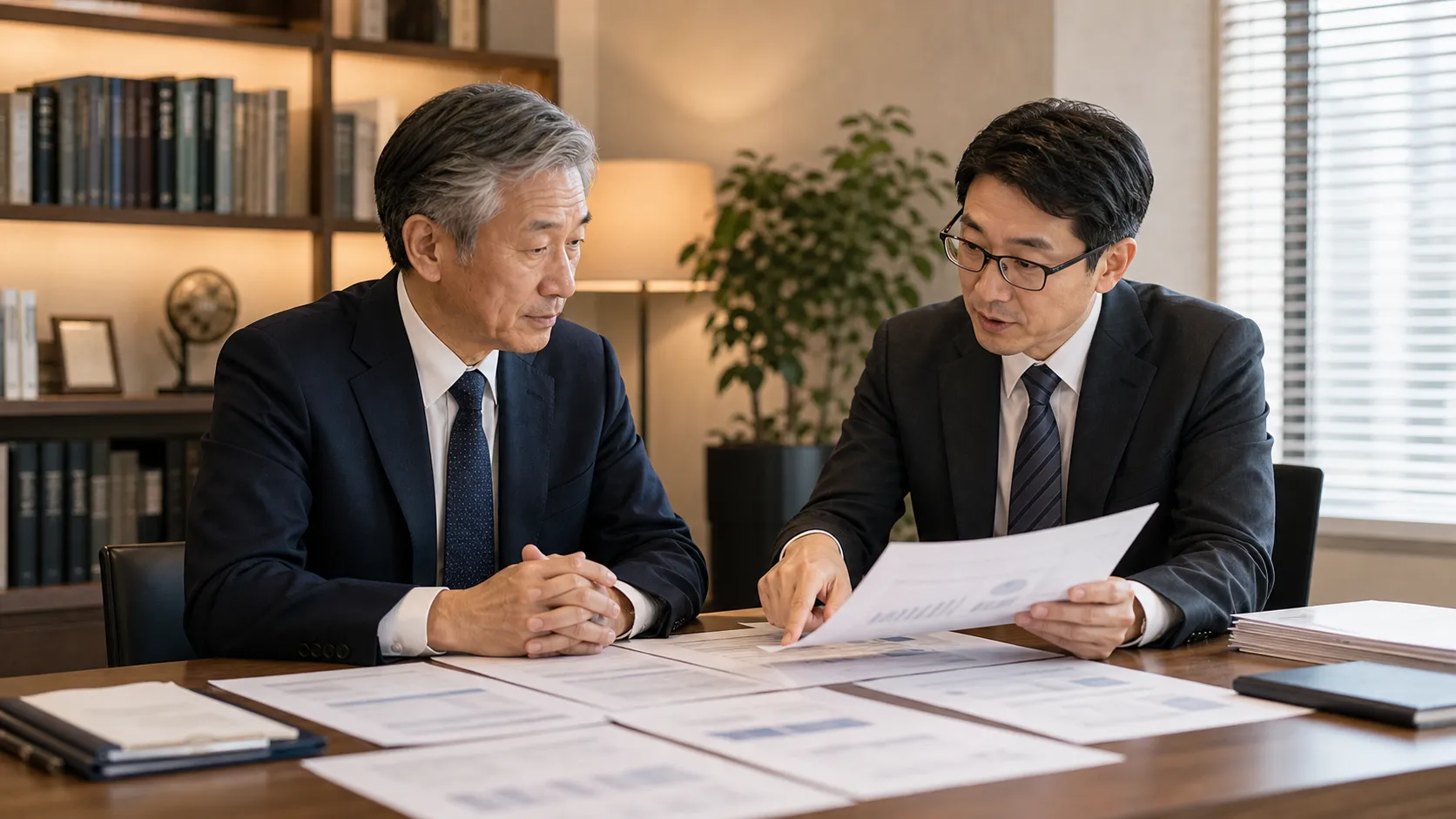 M&Aの税務上の注意点を税理士と確認している経営者のシーン