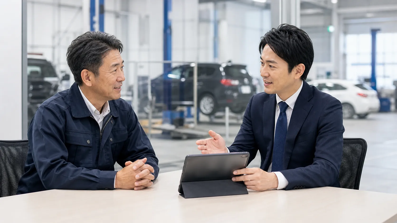 整備業界のM&A動向について打ち合わせをする経営者と専門家