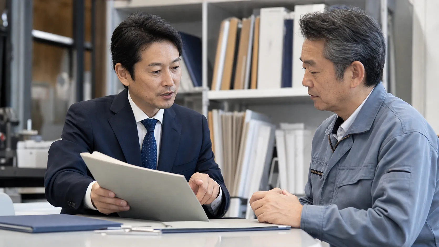 認証・指定の許認可書類と整備士の在籍状況を確認するシーン