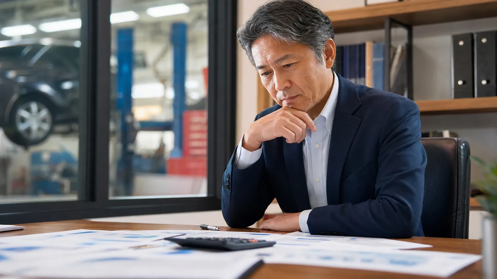 整備工場の企業価値評価資料を検討する経営者のシーン